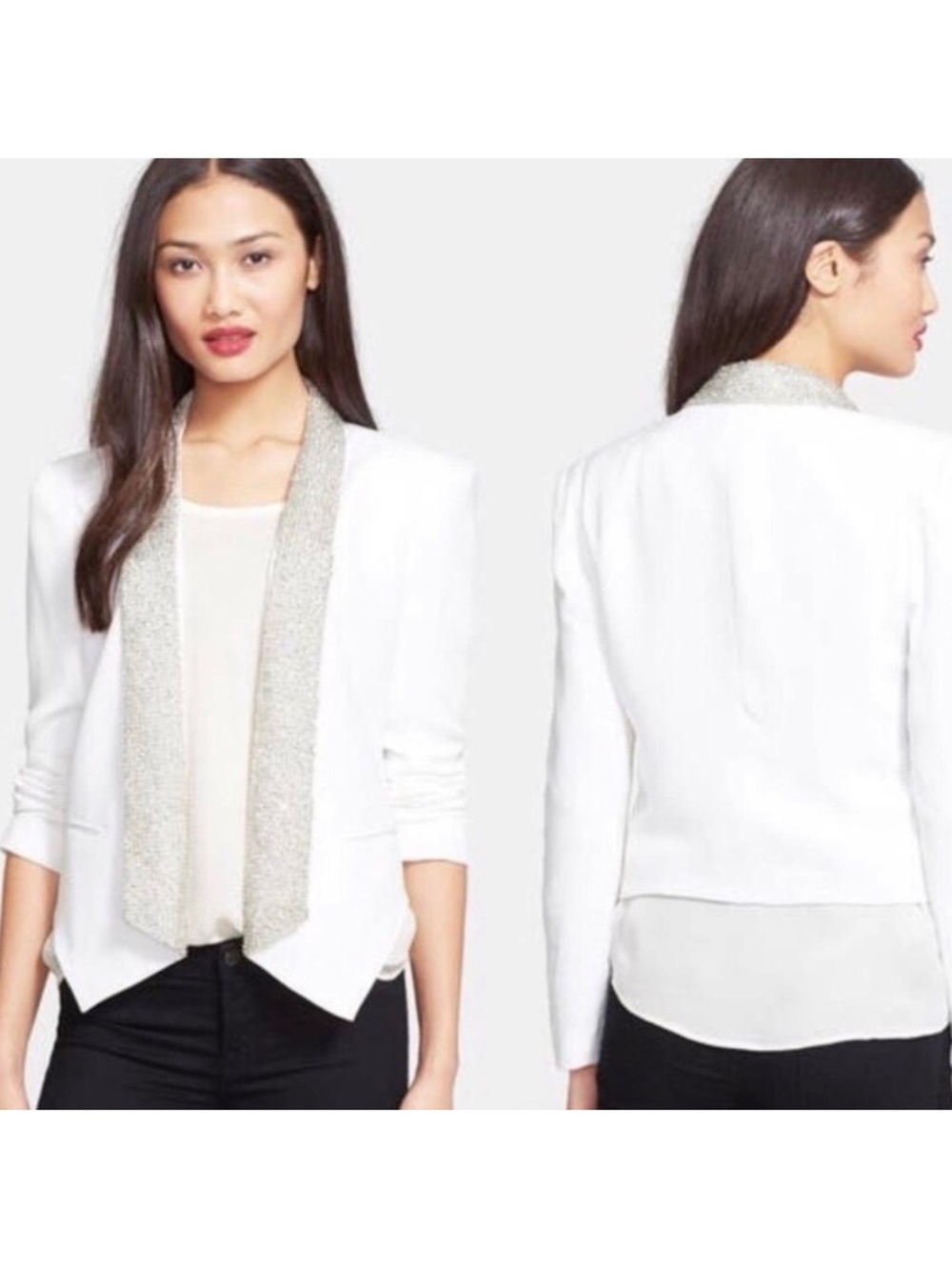 Rebecca Minkoff Silk Open Blazer Silver Sequin‎ Trim 6 Old Hollywood Glam Luxe